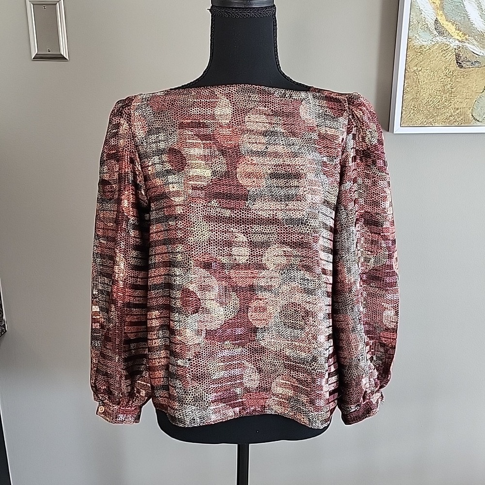Vintage 80's TAURUS II Pink Beige Rose Gold Floral Retro Bold Satin Blouse Sz 10